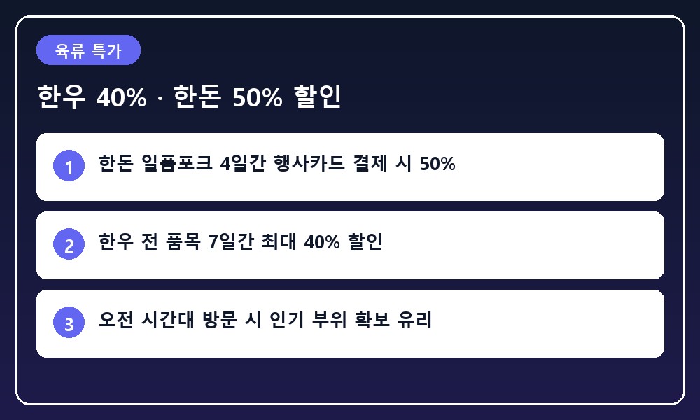신선하고 마블링이 우수한 프리미엄 소고기와 돼지고기가 진열된 정육 코너
