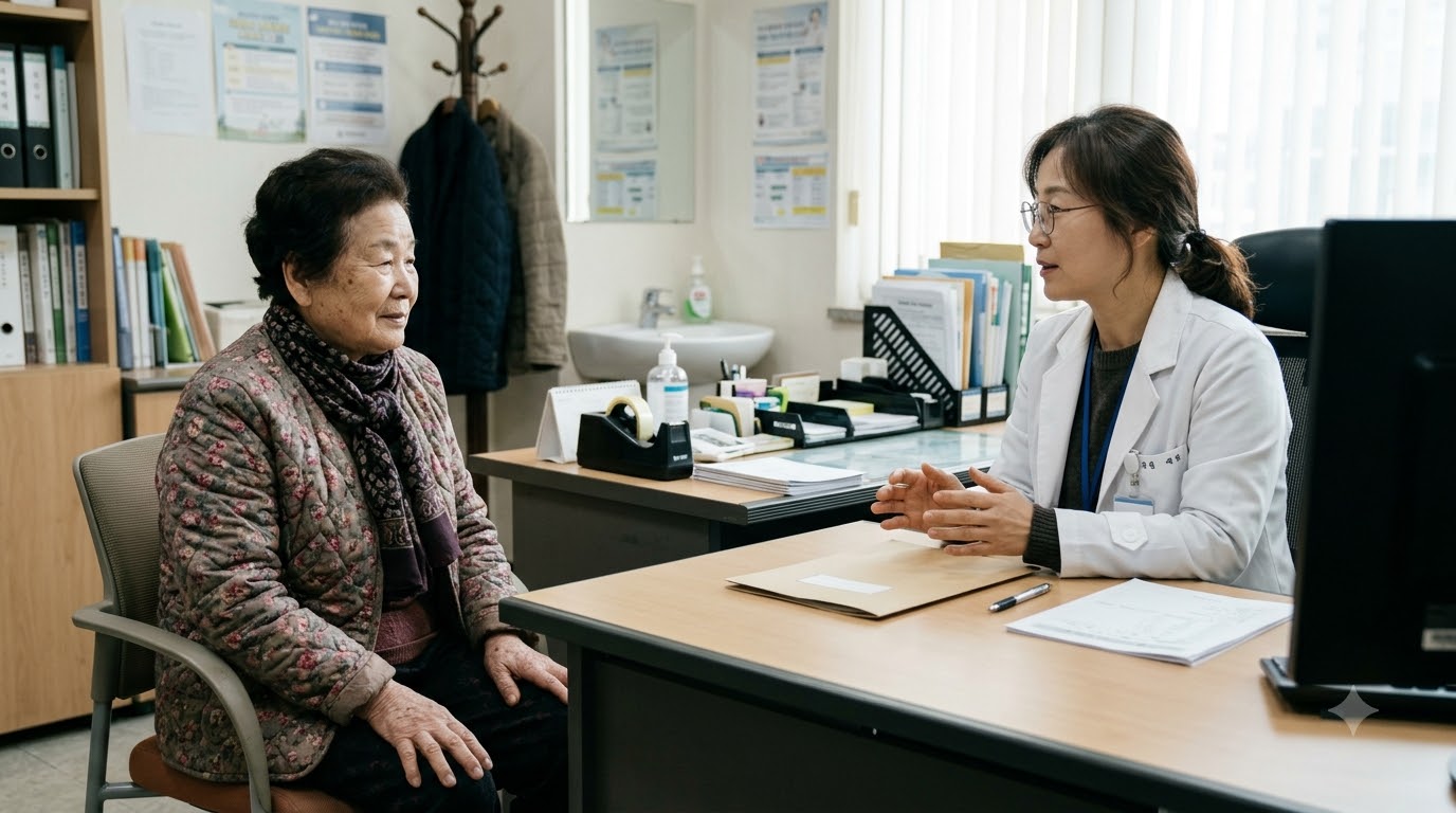 어르신이 의료진과 접종 일정을 상담하는 모습 · AI 제작 이미지 · 실제 촬영 사진 아님 · AI 생성 설명용 이미지