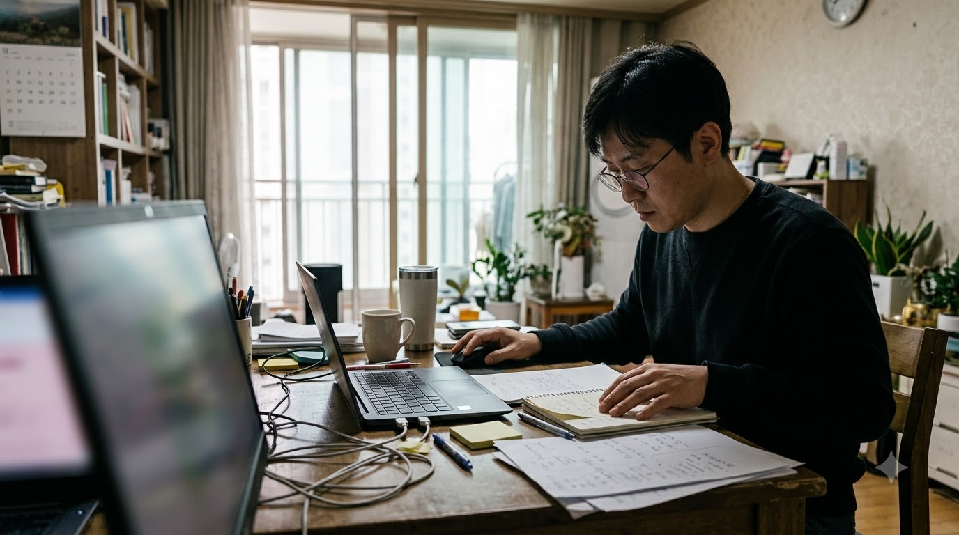 노트북 자료와 메모를 살펴보는 모습