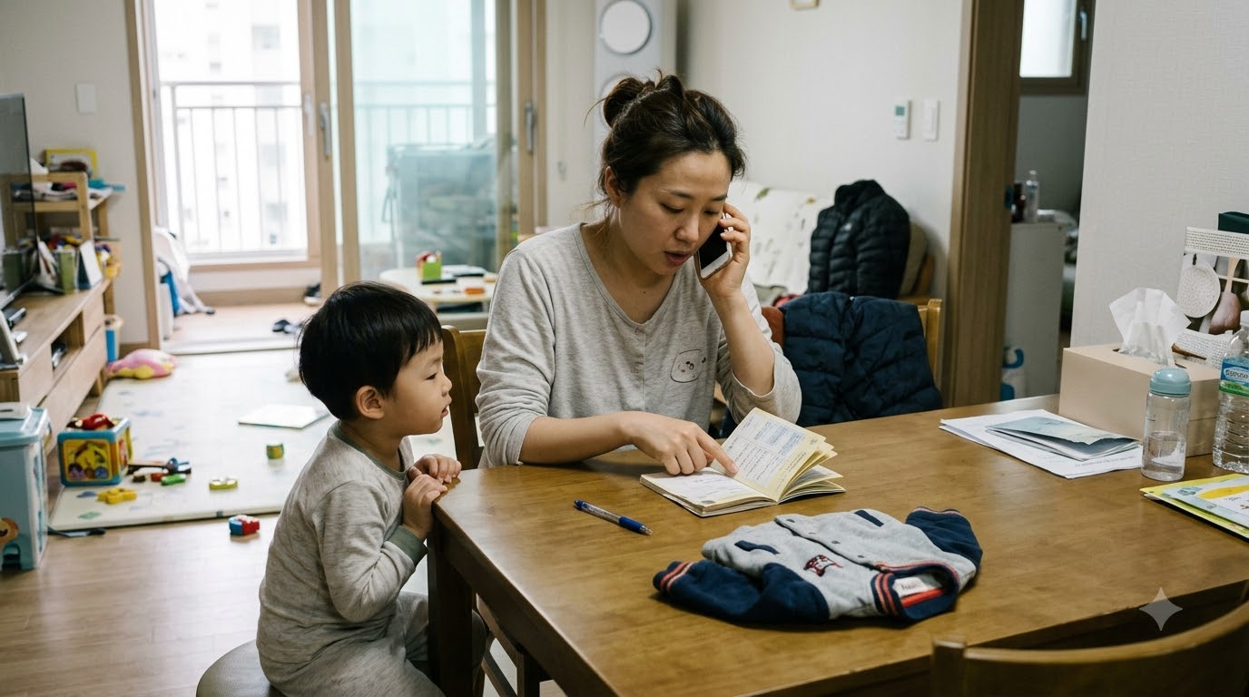 보호자가 접종수첩을 확인하며 전화하는 모습