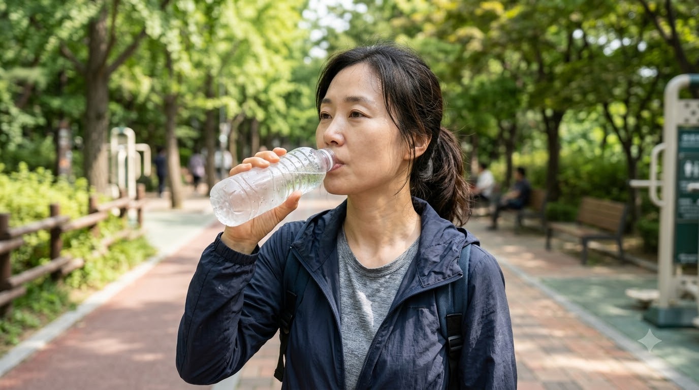 산책로에서 물병으로 물을 마시는 성인