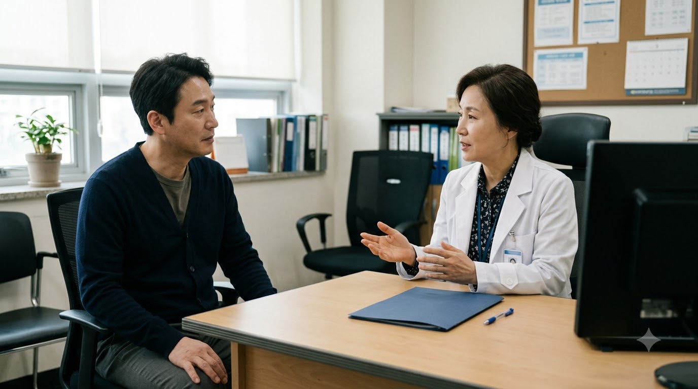 진료실에서 상담하는 환자와 의료진