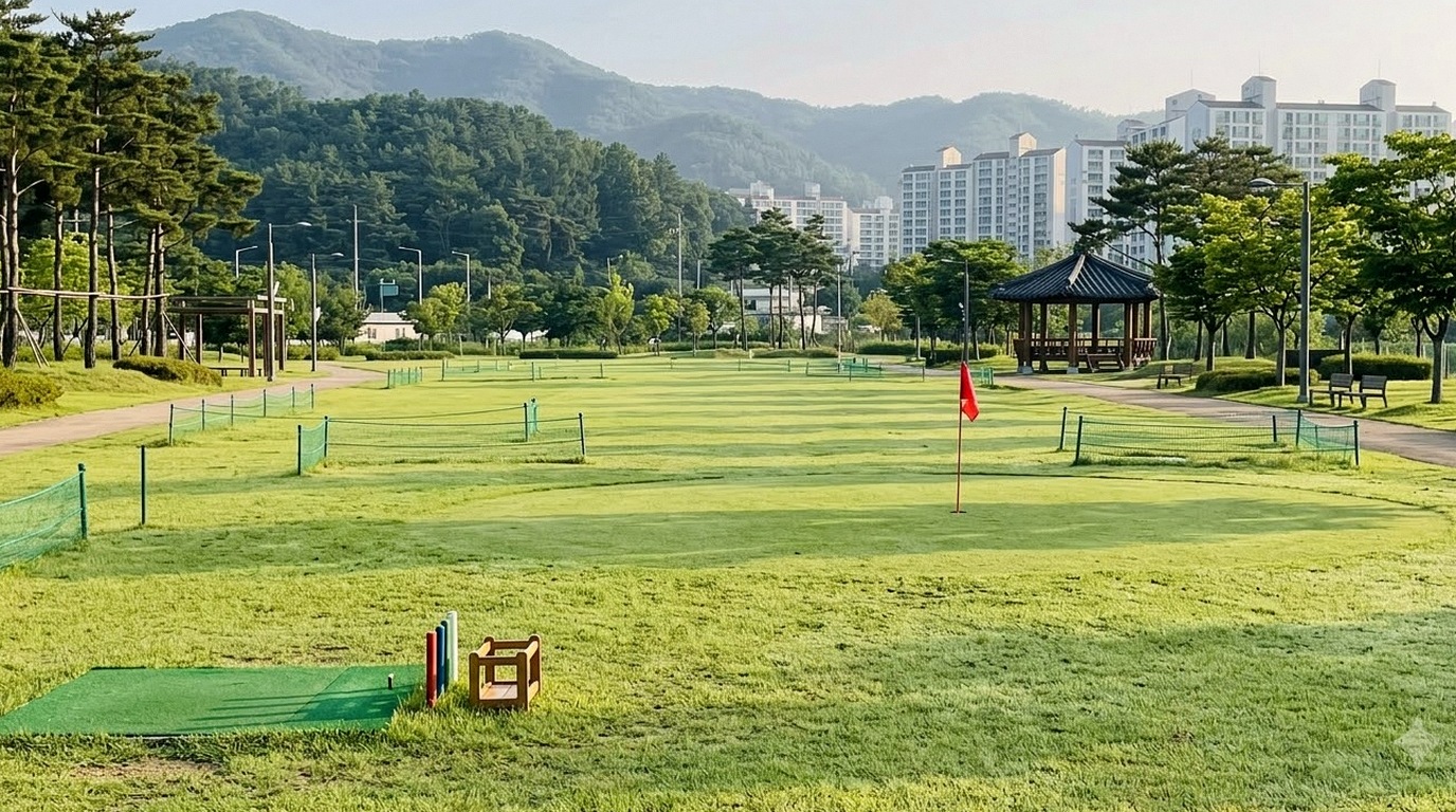 시니어 파크골프 입문 가이드, 초보 기본 규칙과 장 - 평지 잔디 코스와 홀컵을 살펴보며 걷기와 라운드 환경을 가늠해 보세요. (관련 시각 자료 1)