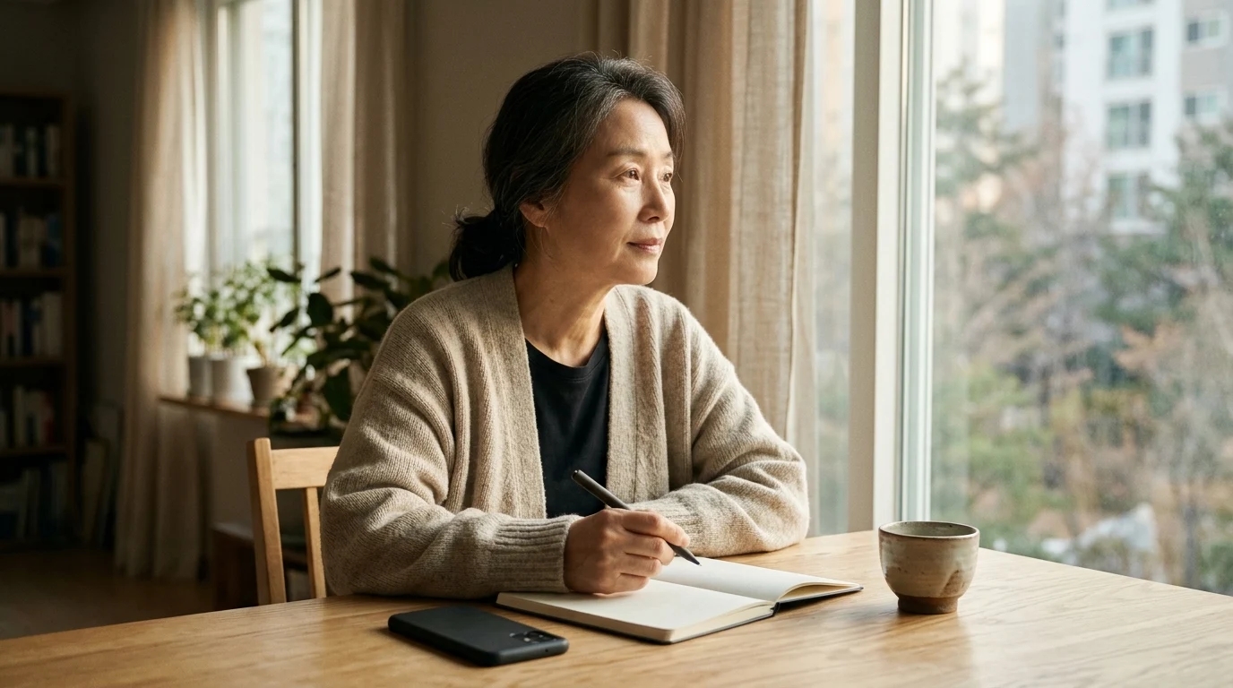 조용한 오후, 하루의 일과 감정을 돌아보며 기록을 준비하는 모습.